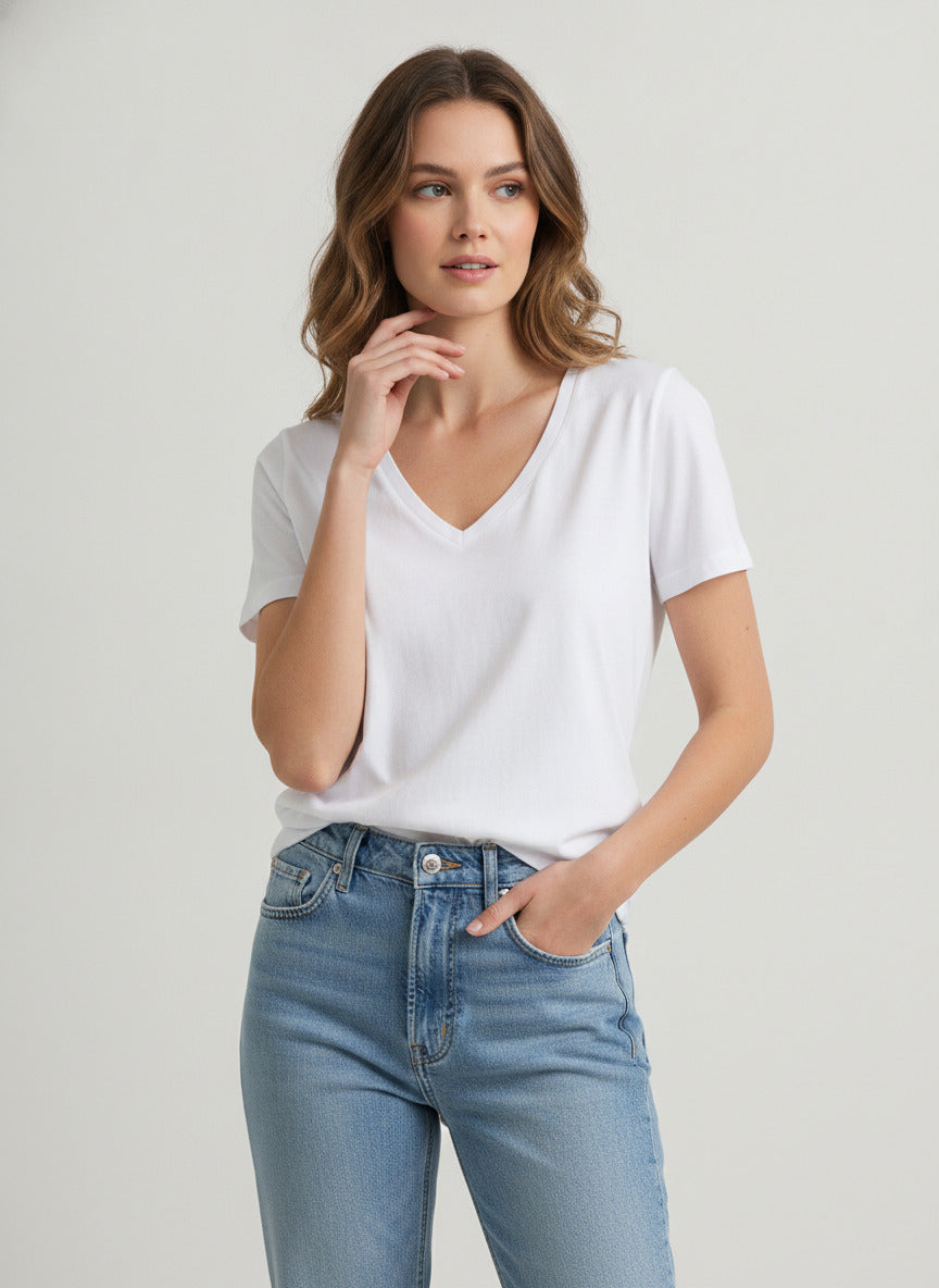 Women's White V Neck T-Shirt